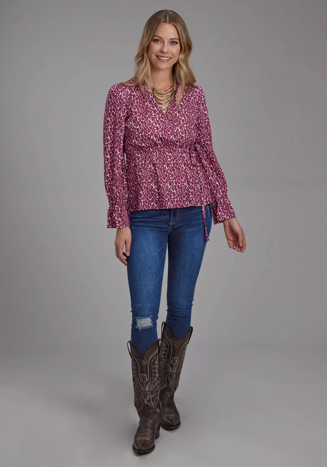 Roper Womens 2134 Leopard Red Multi 100% Polyester V-Neck L/S Blouse Perfect Layer