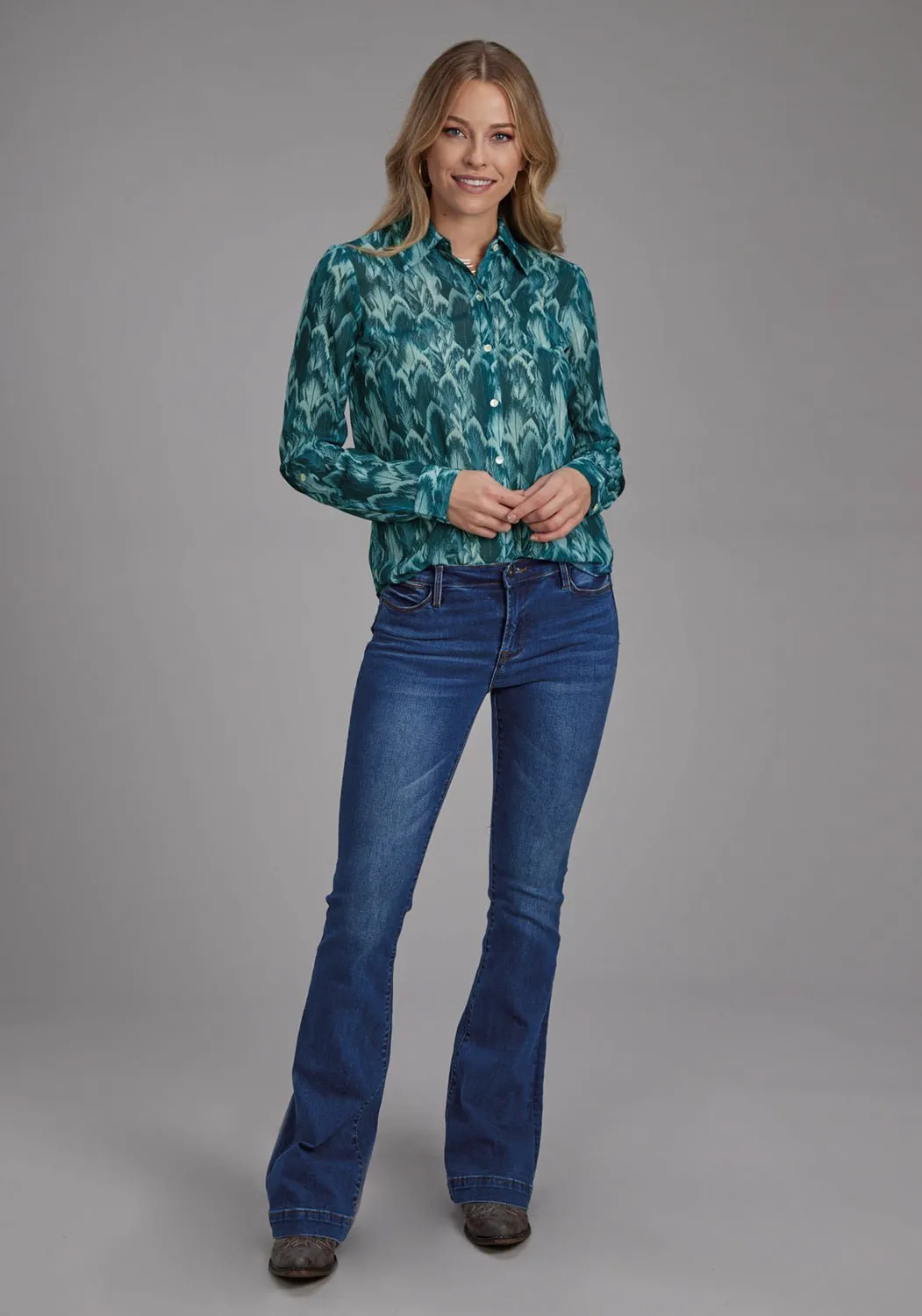 Roper Womens 2135 Feather Teal 100% Polyester L/S Blouse Ruffle Edge Weekend Casual