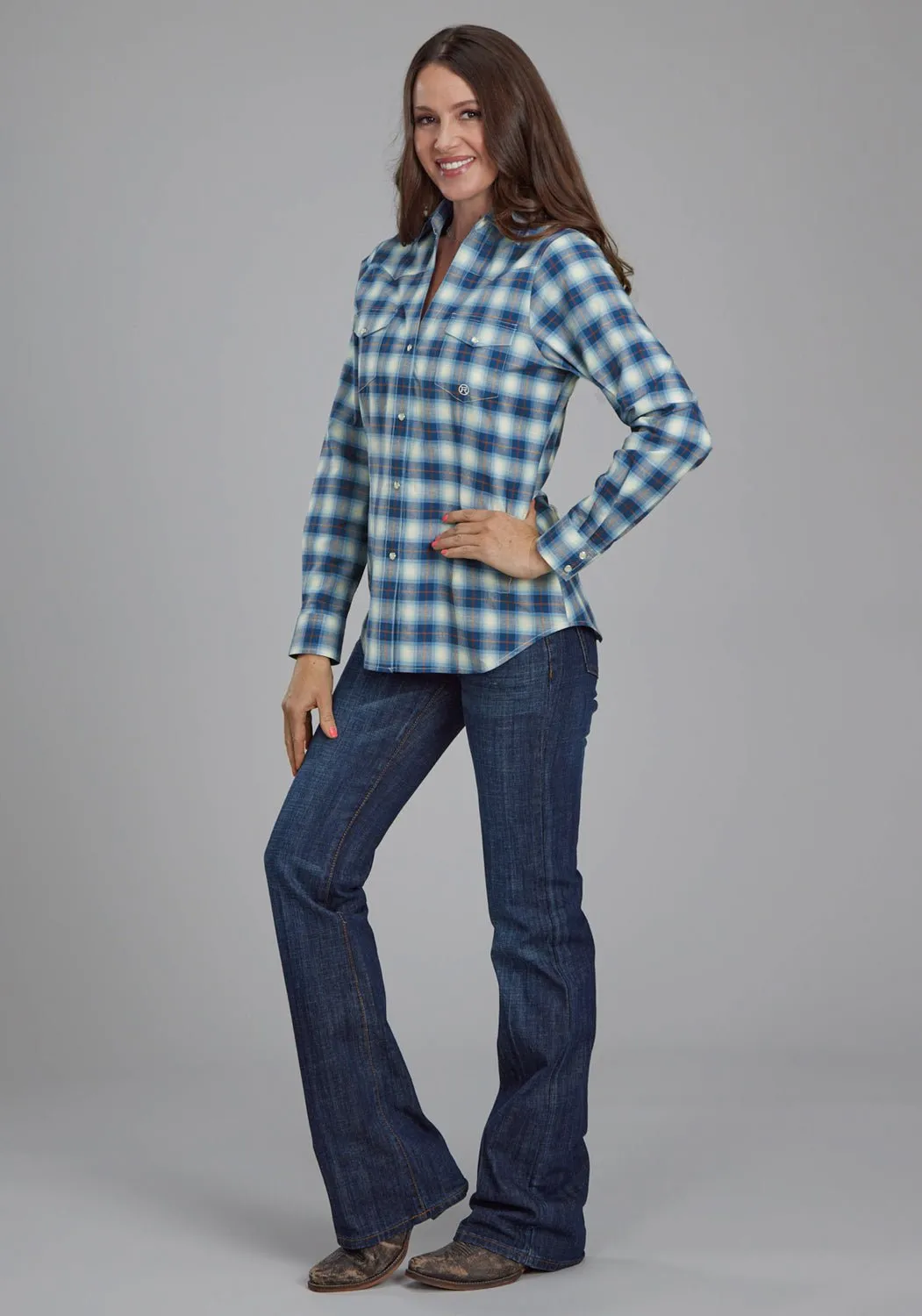 Rooftop Bar Roper Womens 2164 Stretch Plaid Blue Cotton Blend L/S Shirt