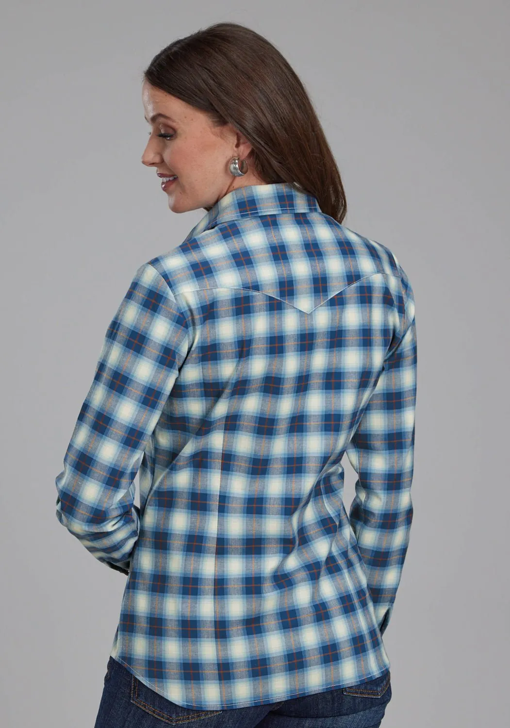 Roper Womens 2164 Stretch Plaid Blue Cotton Blend L/S Shirt Vintage Wash
