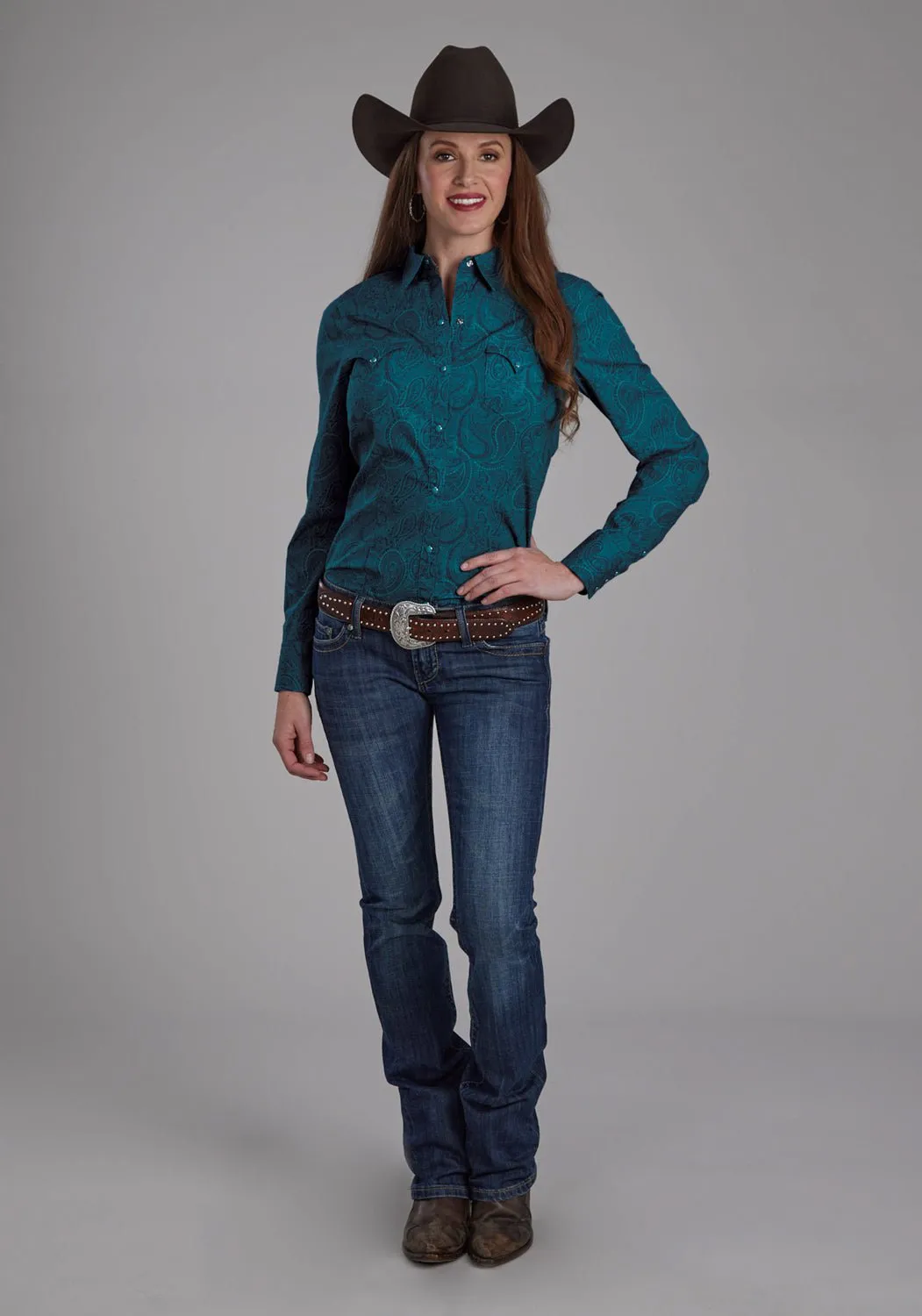 Reinforced Side Vents Roper Womens 2167 Tonal Paisley Green 100% Cotton L/S Shirt