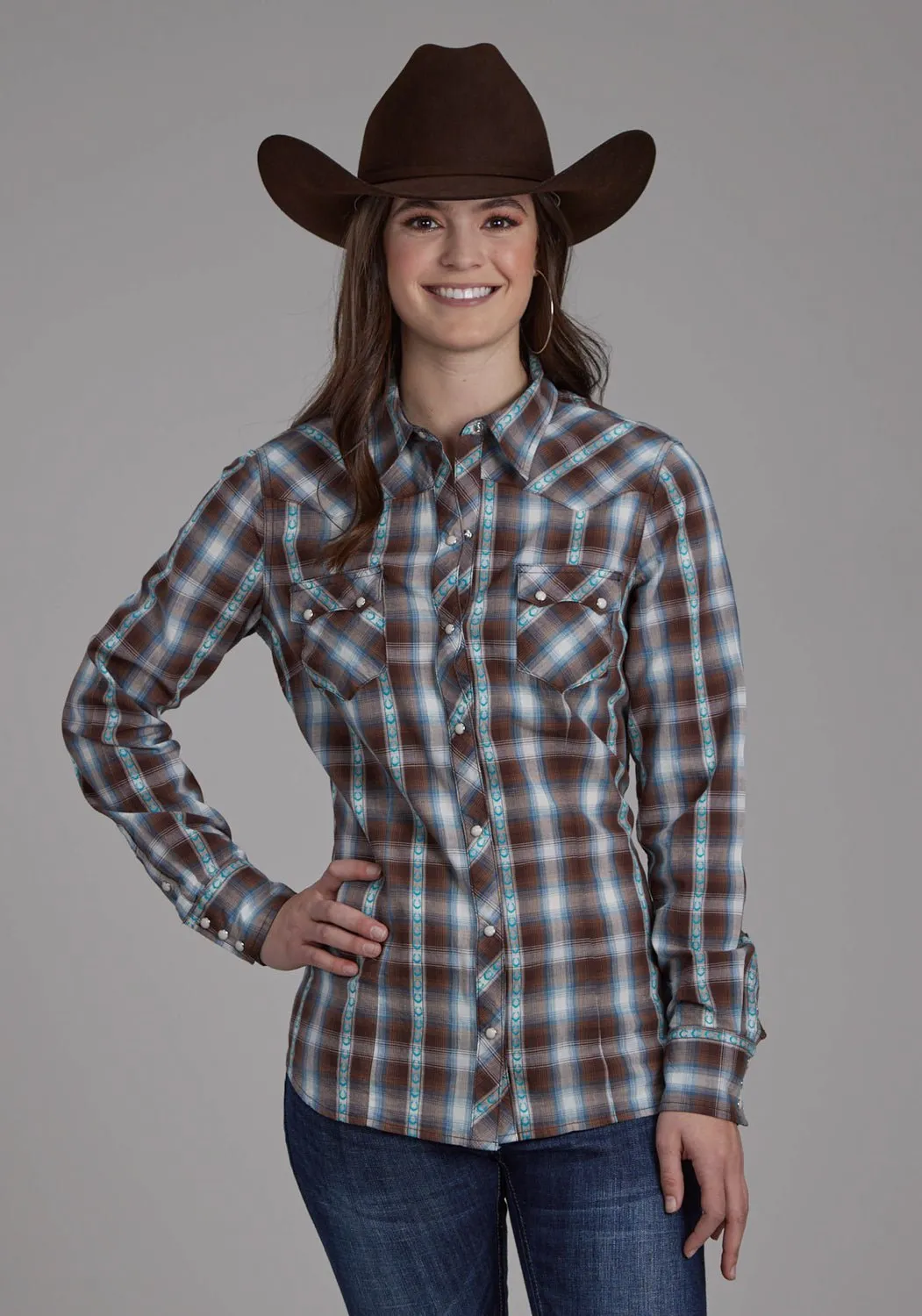 Winter Comfort Roper Womens 2169 Horseshoe Dobby Brown 100% Cotton L/S Shirt