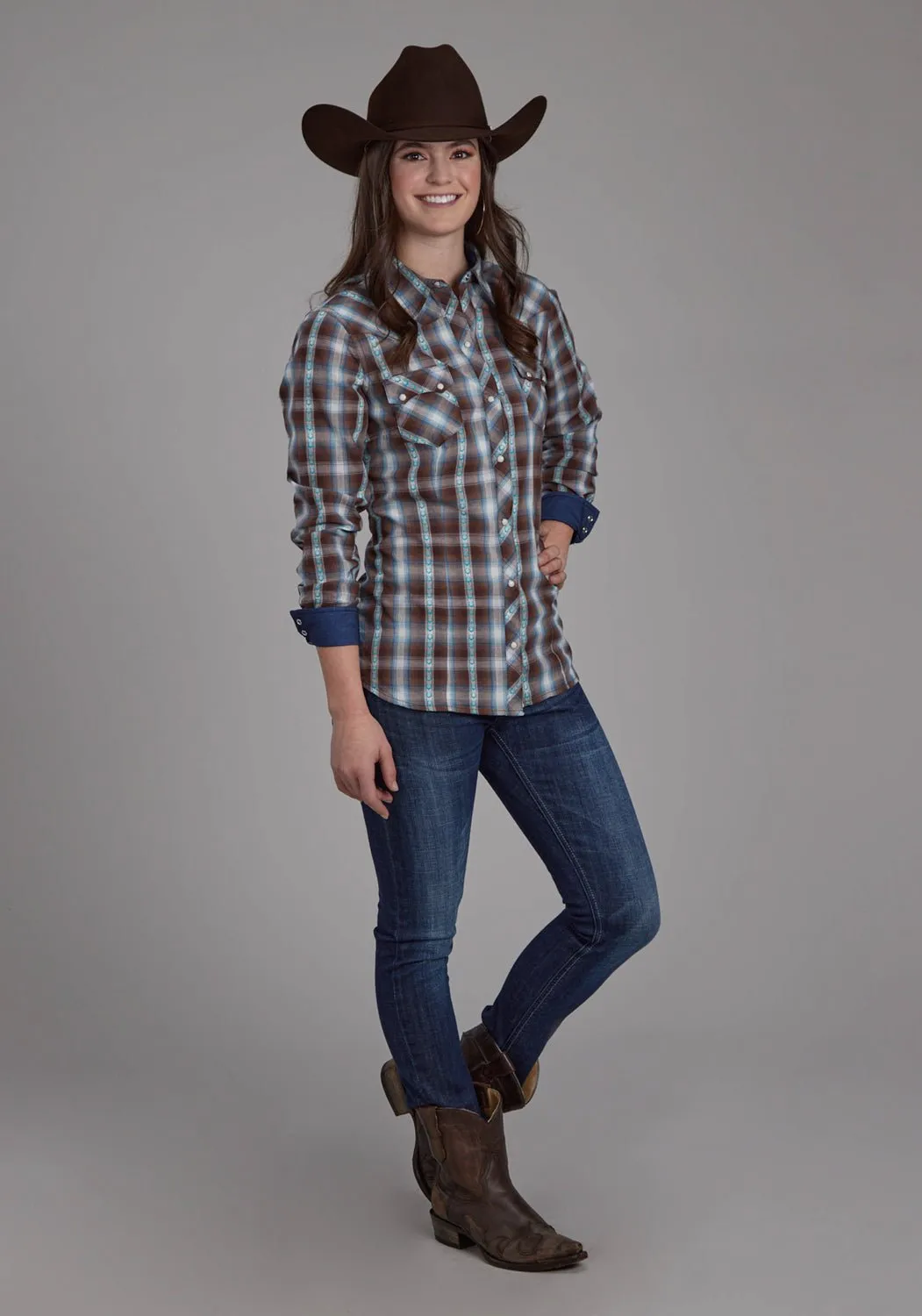 Geometric Pattern Printed design Roper Womens 2169 Horseshoe Dobby Brown 100% Cotton L/S Shirt
