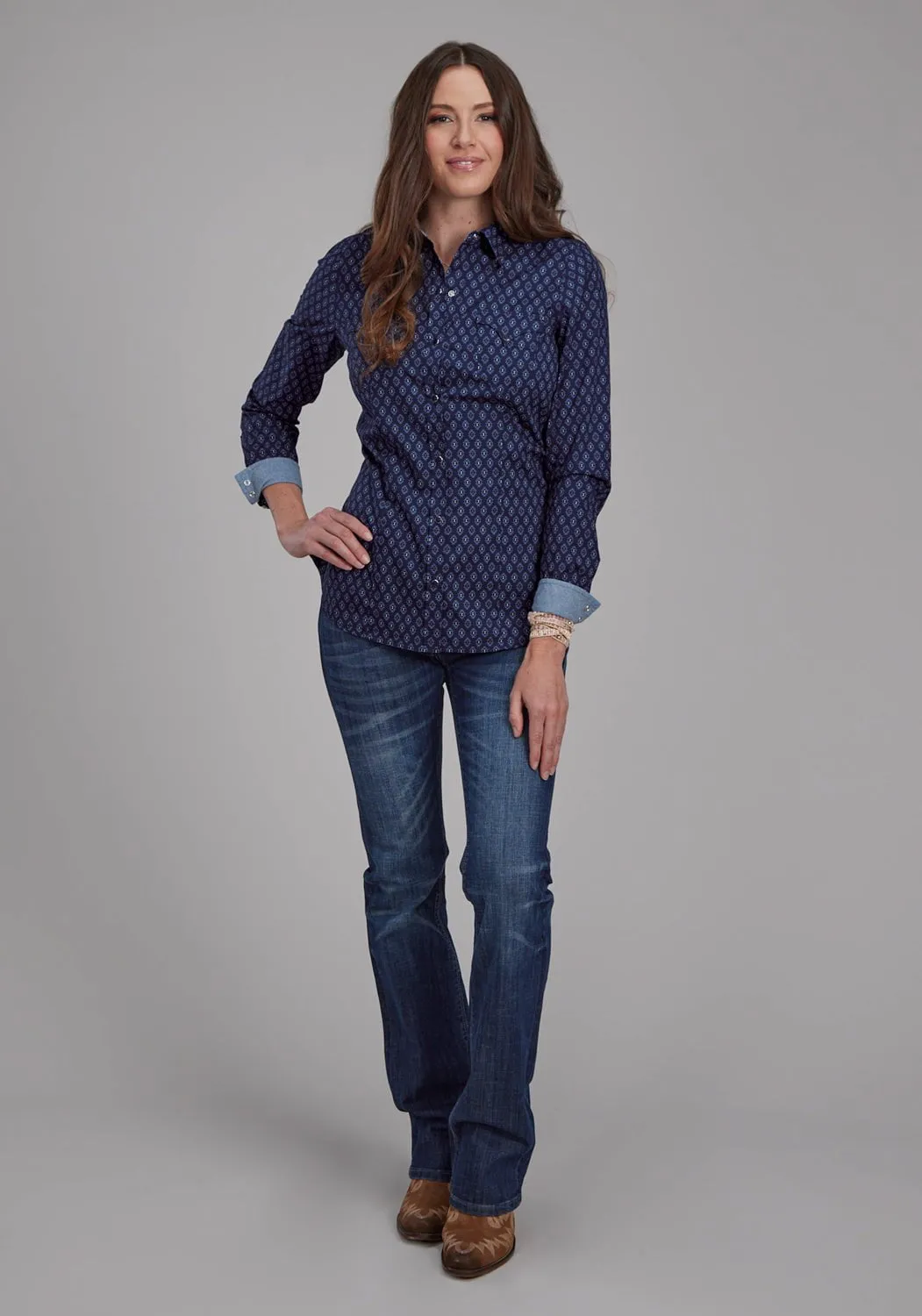 Roper Womens 2177 Aztecs Blue 100% Cotton L/S Shirt Edgy Design Outerwear Companion