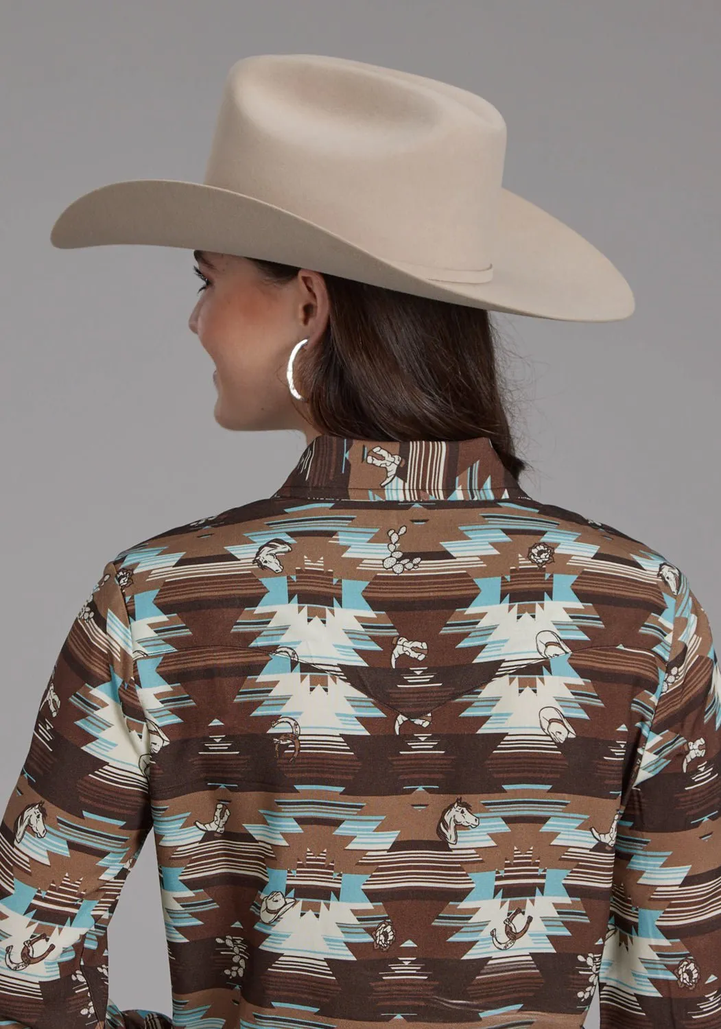 Comfy Fit Trendy Pattern Roper Womens 2201 Icon Aztec Brown Multi 100% Rayon L/S Blouse