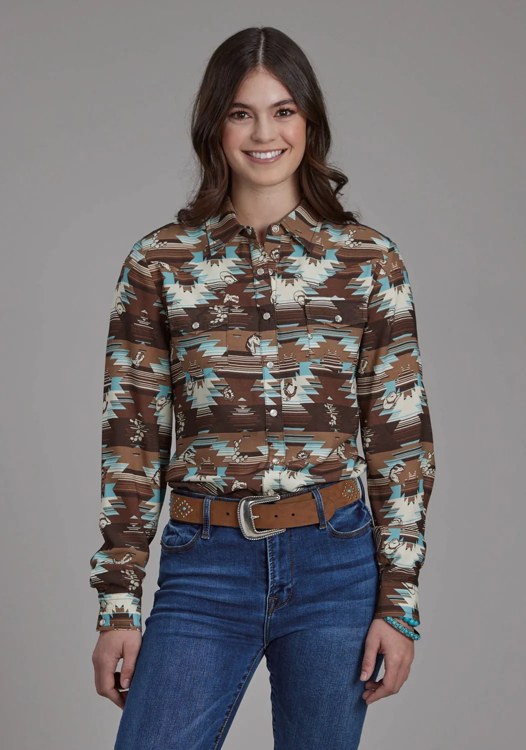 Roper Womens 2201 Icon Aztec Brown Multi 100% Rayon L/S Blouse Textured Vibrant Lightweight Morning Stroll Durable