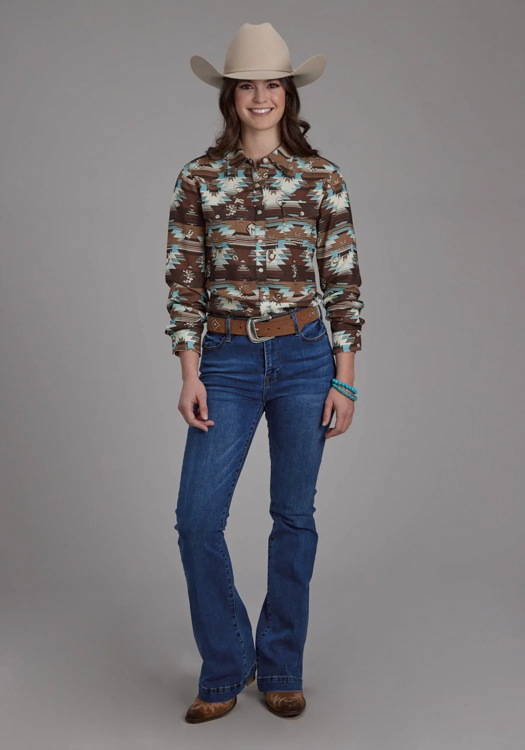 Perfect Layering Roper Womens 2201 Icon Aztec Brown Multi 100% Rayon L/S Blouse