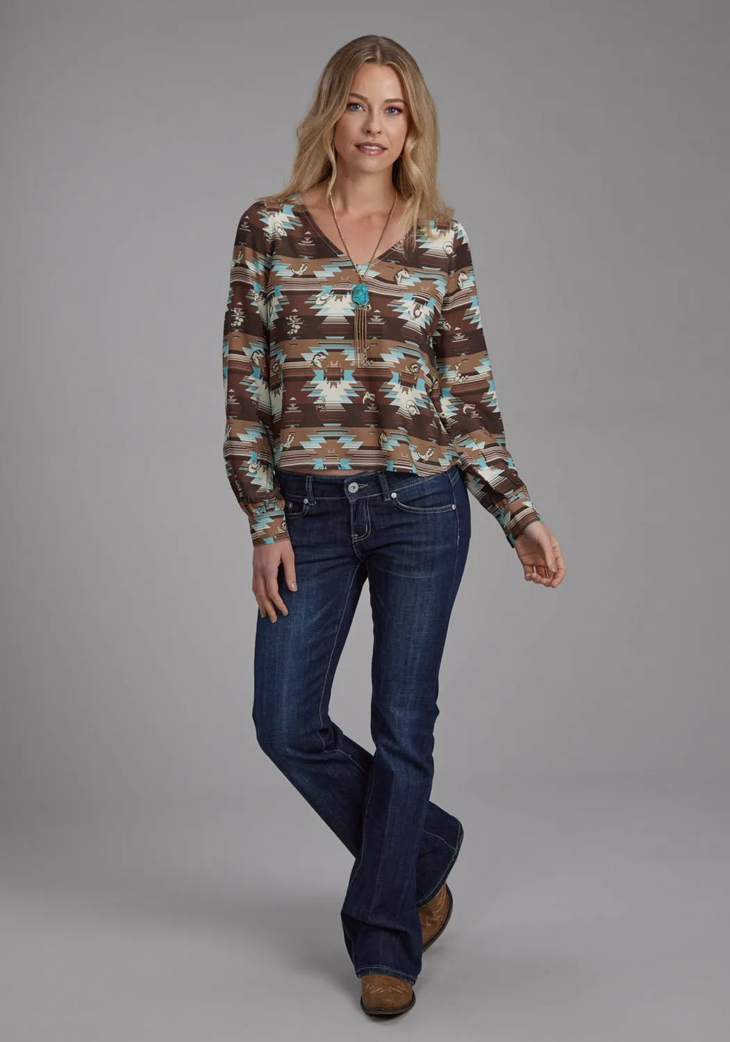 Roper Womens 2201 Icon Aztec Brown Multi 100% Rayon V-neck L/S Blouse Wrinkle Resistant