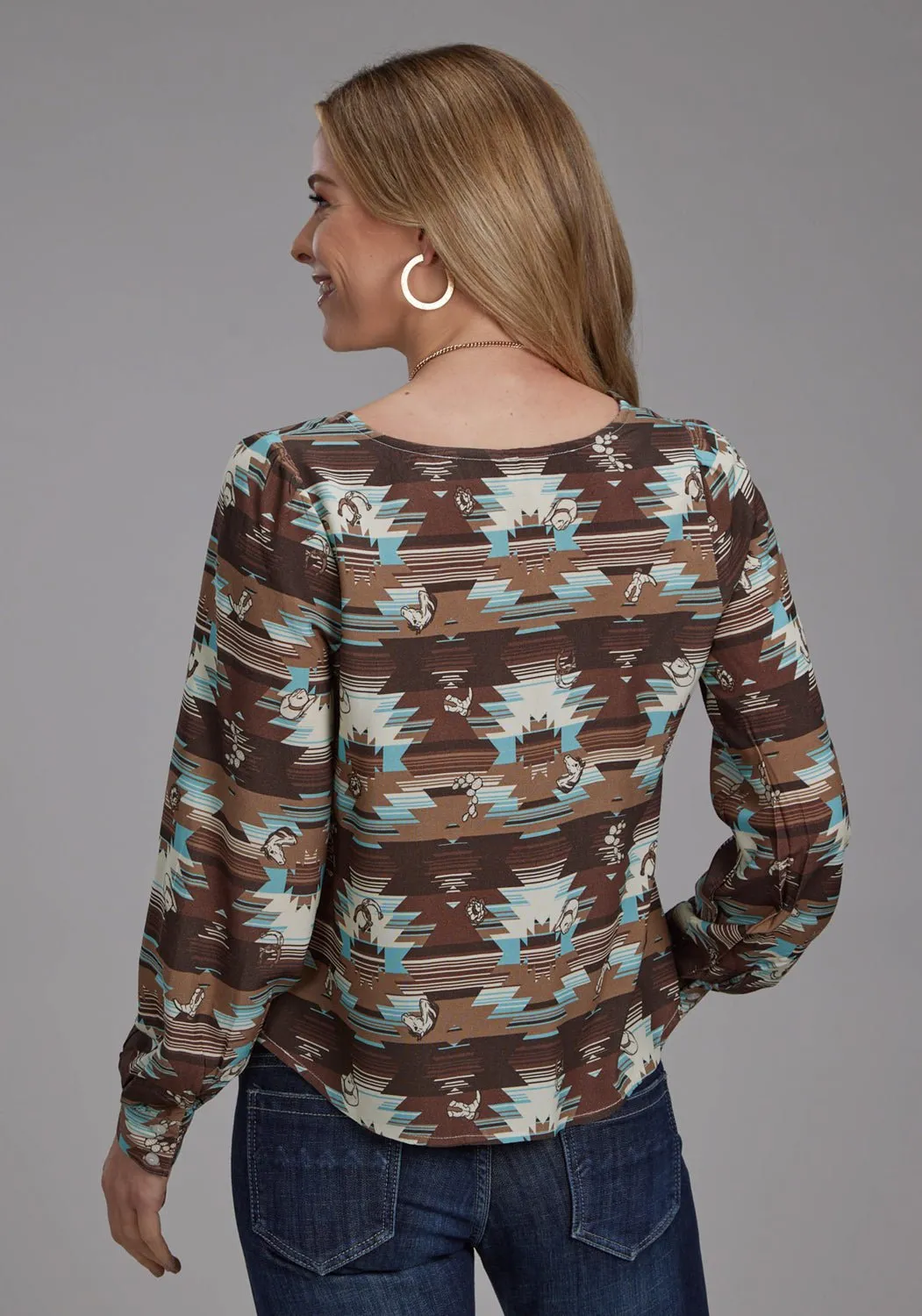 Roper Womens 2201 Icon Aztec Brown Multi 100% Rayon V-neck L/S Blouse Sporty Style Effortless Style