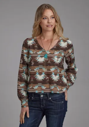 Roper Womens 2201 Icon Aztec Brown Multi 100% Rayon V-neck L/S Blouse Polished Look Roper Womens 2201 Icon Aztec Brown Multi 100% Rayon V-neck L/S Blouse Minimalist Look Chill Layer