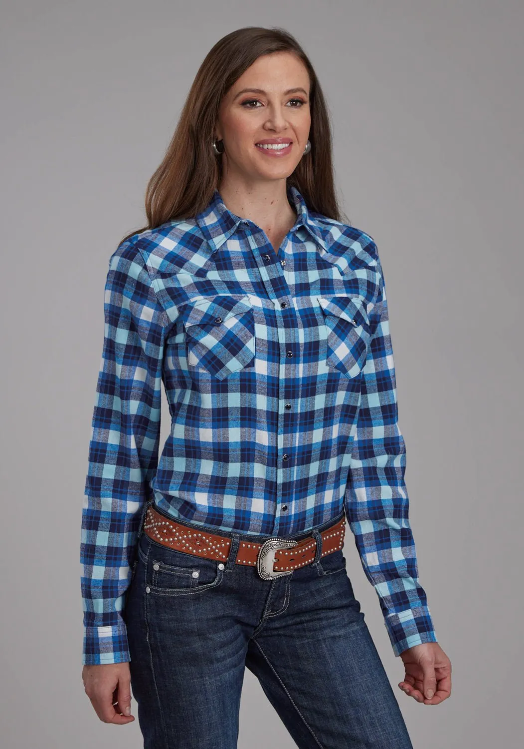 Country Escape Weekend Adventure Roper Womens 2206 Unlined Flannel Blue/White 100% Cotton L/S Shirt