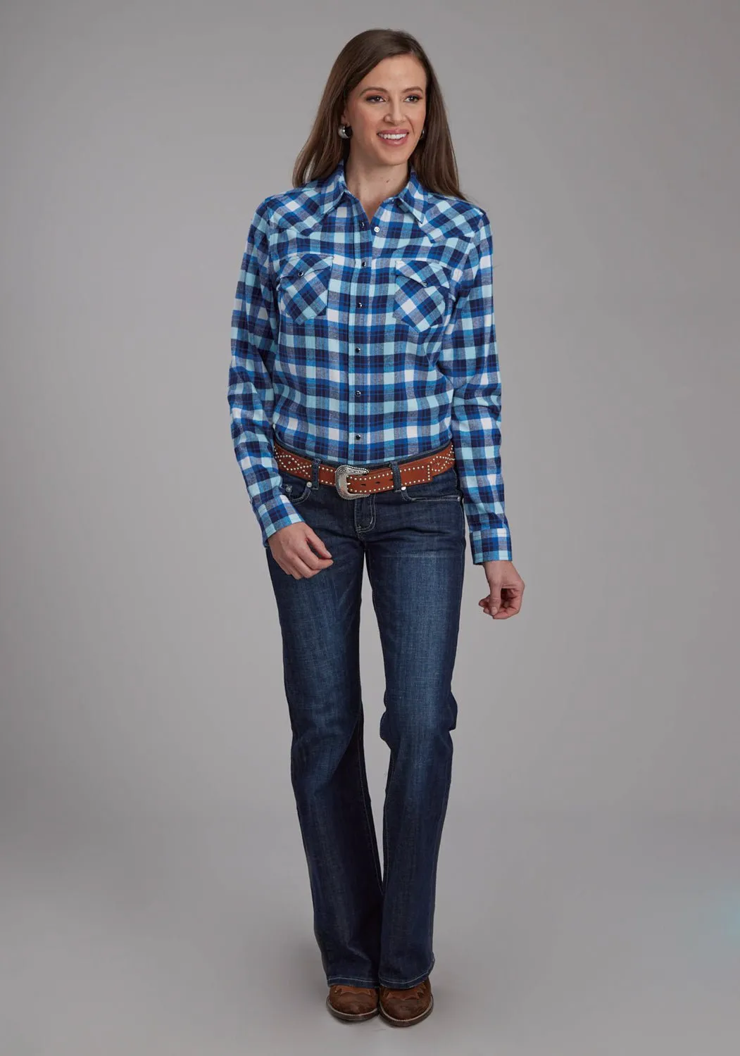 Roper Womens 2206 Unlined Flannel Blue/White 100% Cotton L/S Shirt Premium Fabric