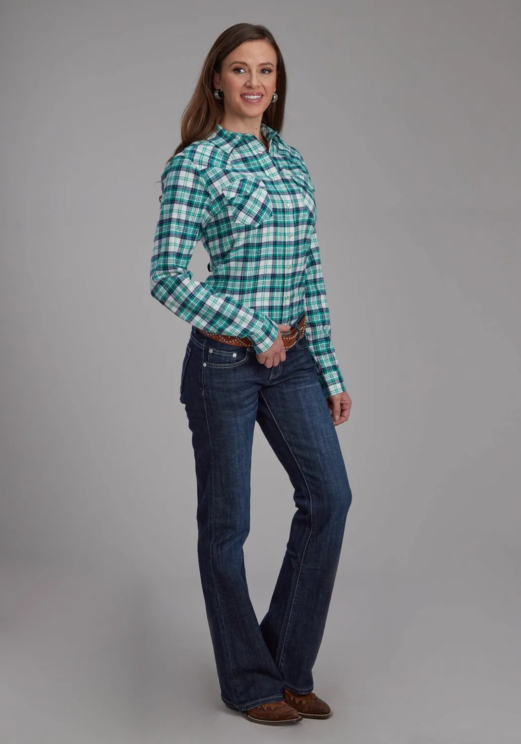 Multi Pocket Design No Bulk Layering System Roper Womens 2206 Unlined Flannel Green 100% Cotton L/S Shirt