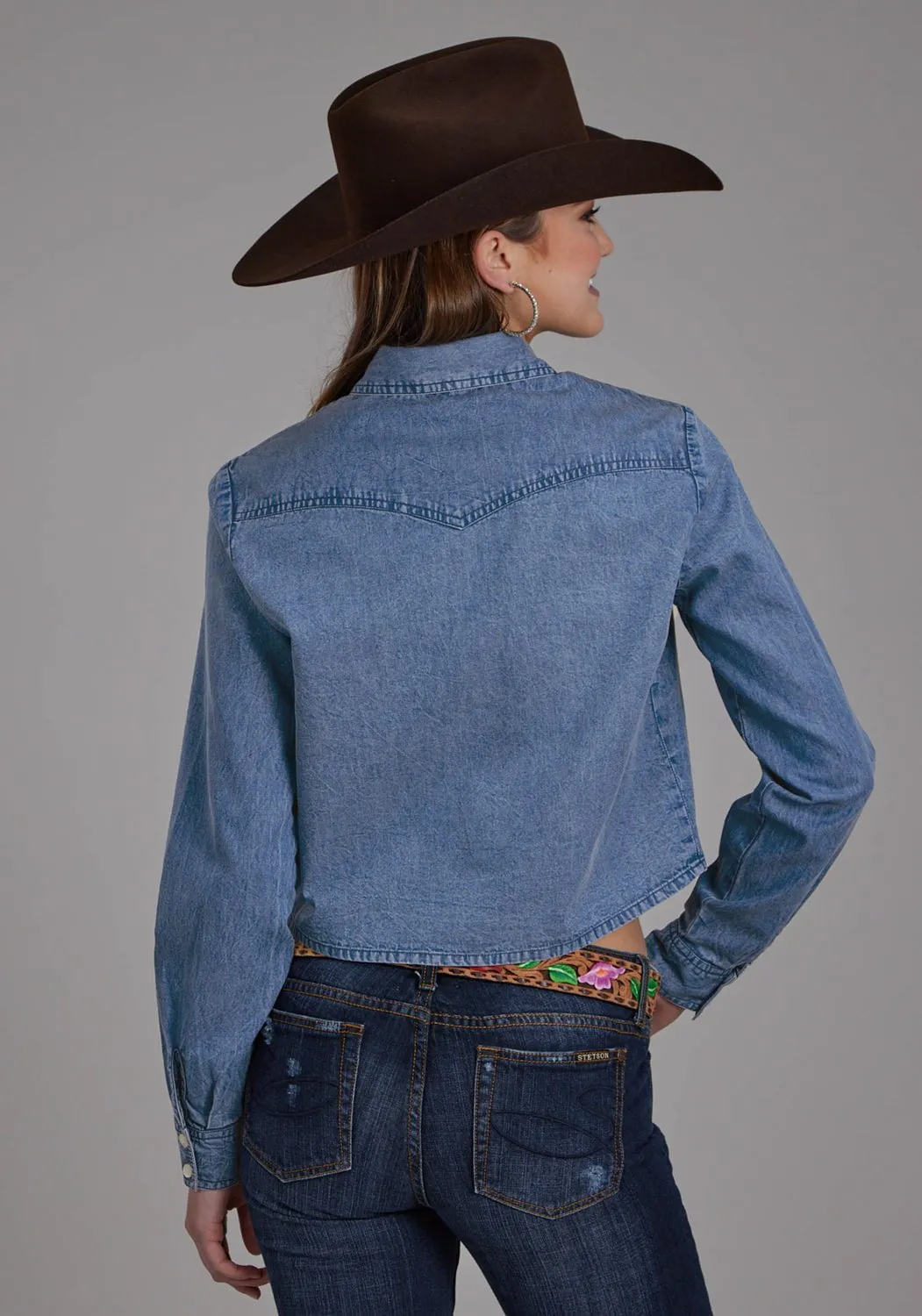 Roper Womens 2274 Western Medium Blue 100% Cotton Crop L/S Shirt Sporty Design