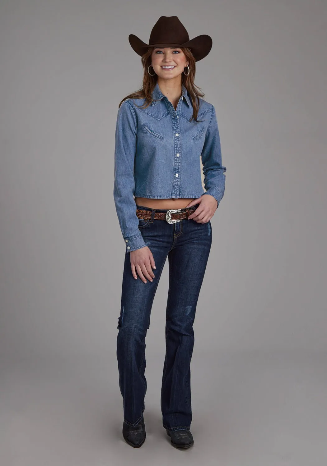 Roper Womens 2274 Western Medium Blue 100% Cotton Crop L/S Shirt Breathable Fit City Exploration