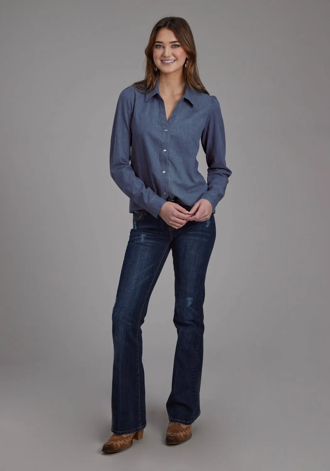Roper Womens 2274 Western Medium Blue 100% Cotton L/S Shirt Professional Look