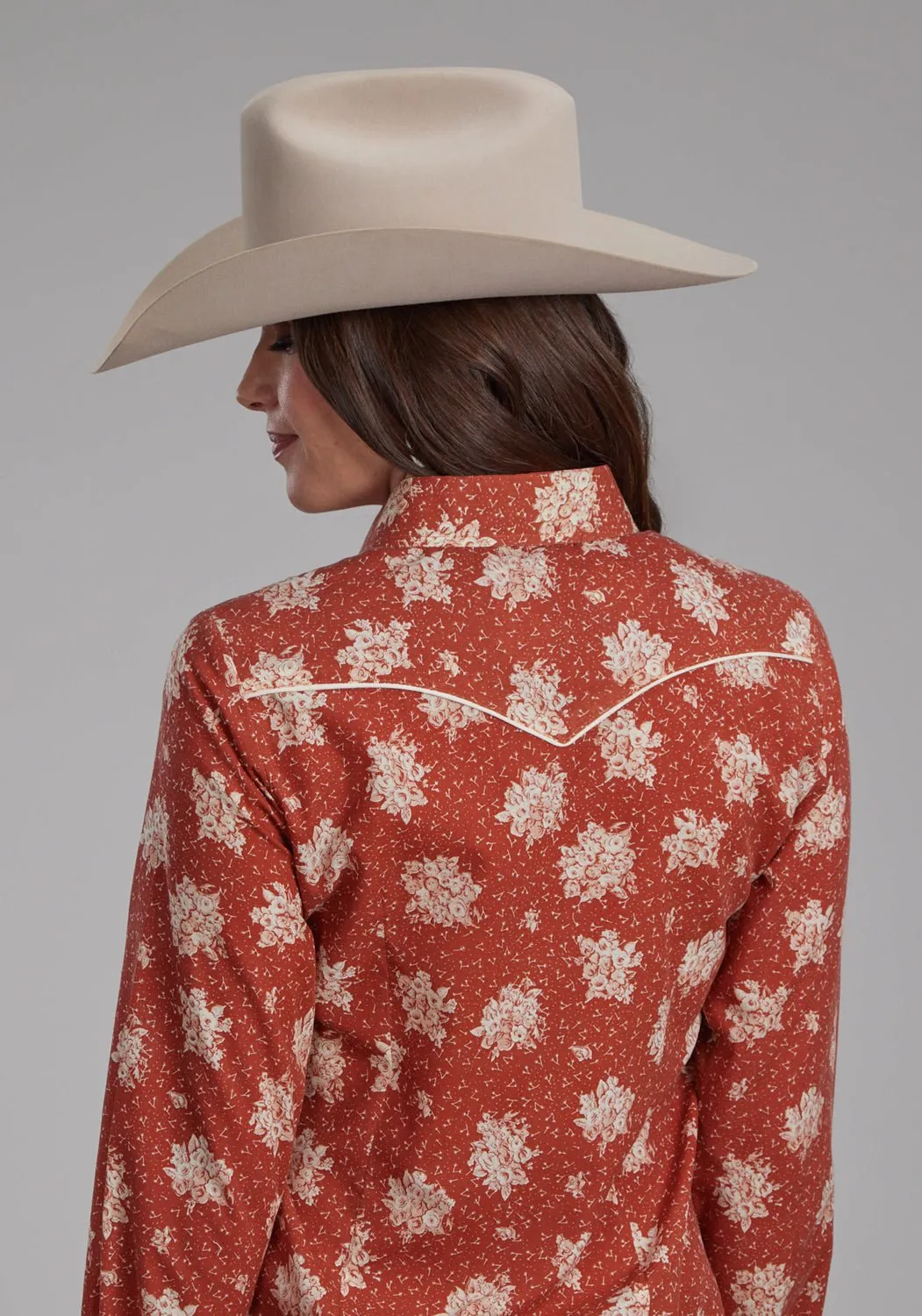 Roper Womens 2282 Floral Orange/Cream Cotton Blend Retro L/S Shirt Camouflage Style