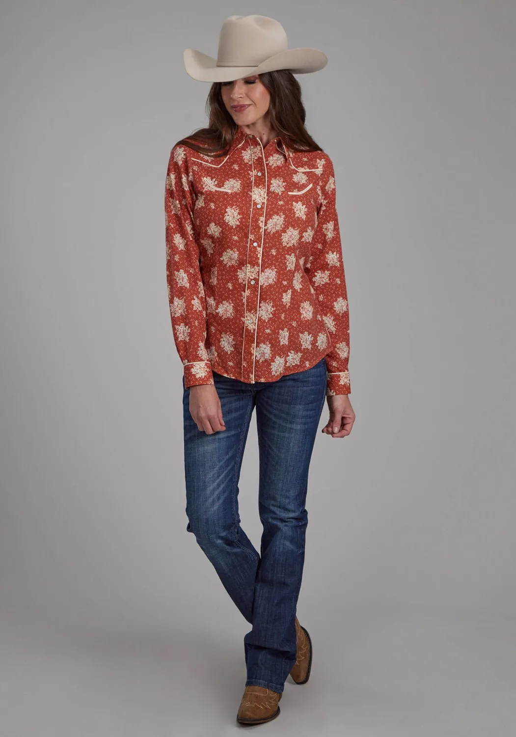 Roper Womens 2282 Floral Orange/Cream Cotton Blend Retro L/S Shirt Chill Wear