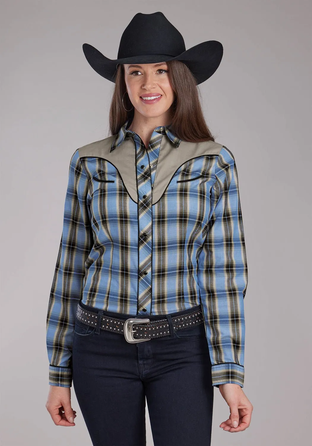 Subtle Details Roper Womens 2412 Fancy Applique Blue/Brown Cotton Blend L/S Shirt