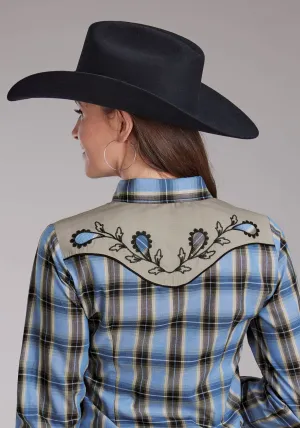 Roper Womens 2412 Fancy Applique Blue/Brown Cotton Blend L/S Shirt All Day Wear Roper Womens 2412 Fancy Applique Blue/Brown Cotton Blend L/S Shirt Flexible Mobility Bold Prints