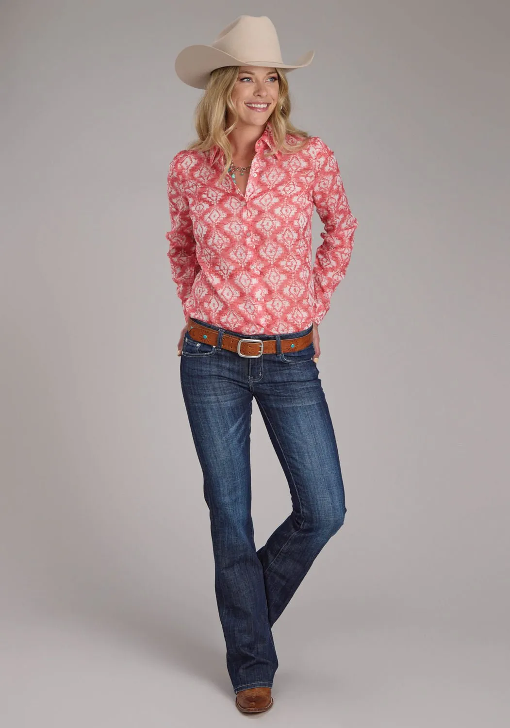 Unstructured Shoulder Roper Womens 2423 Ikat Aztec Pink 100% Polyester L/S Blouse