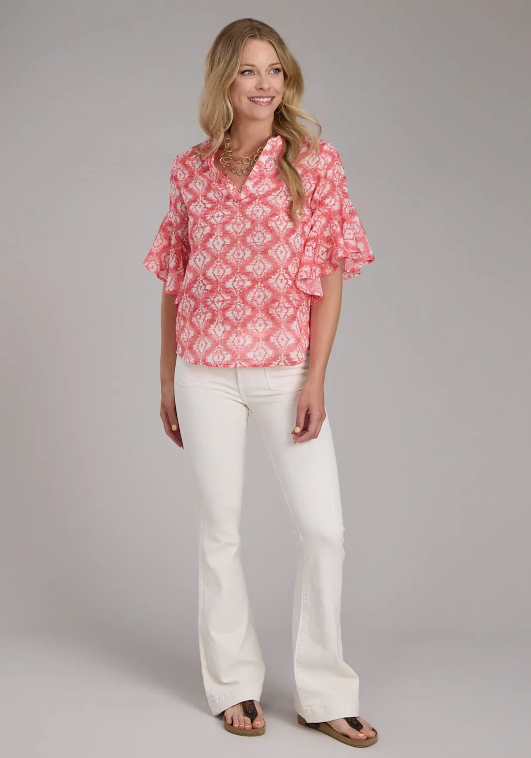 Coastal Vibes Classy Detail Roper Womens 2423 Ikat Aztec Pink/White 100% Polyester S/S Blouse