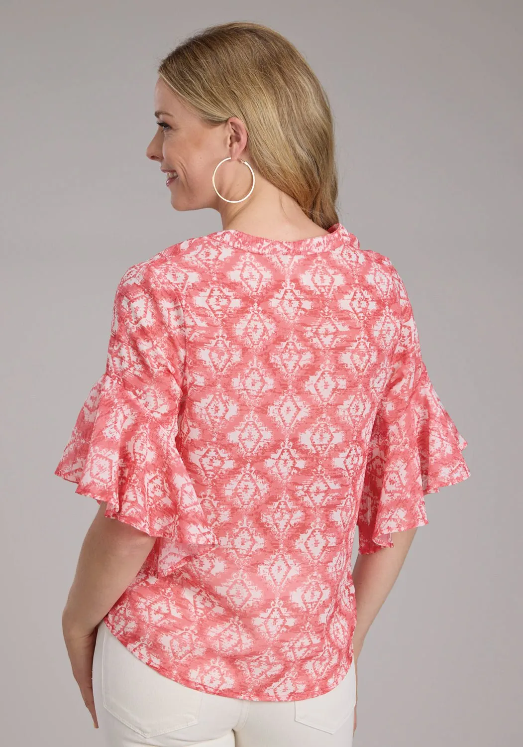 Roper Womens 2423 Ikat Aztec Pink/White 100% Polyester S/S Blouse Multi Pocket Utility