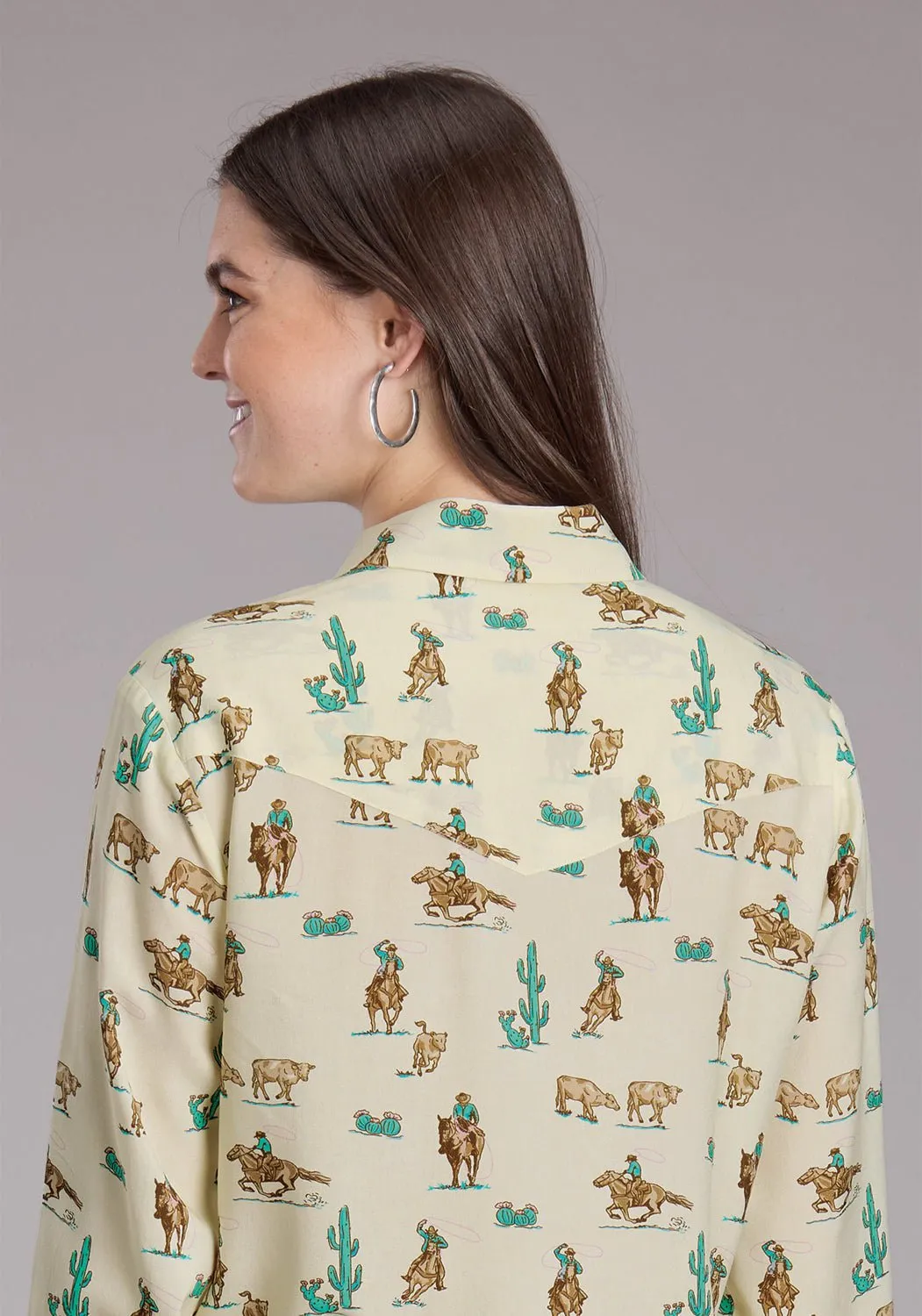Roper Womens 2424 Printed Ropers Cream 100% Rayon L/S Shirt Edgy Fashion