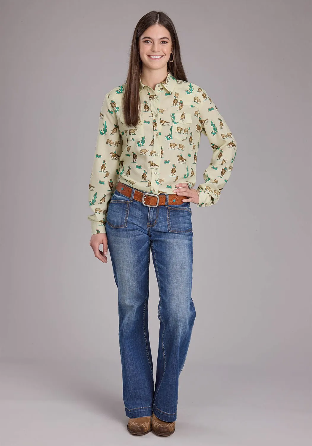 Roper Womens 2424 Printed Ropers Cream 100% Rayon L/S Shirt All-Ages Fit
