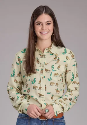 Roper Womens 2424 Printed Ropers Cream 100% Rayon L/S Shirt Versatile Styles Striped Design Flexible Shoulder Panels Roper Womens 2424 Printed Ropers Cream 100% Rayon L/S Shirt