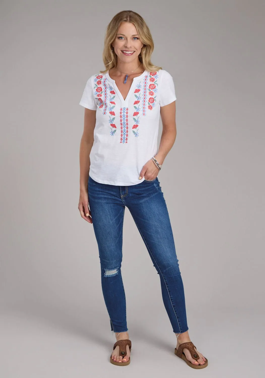 Roper Womens 2434 Red Flowers White 100% Cotton S/S T-Shirt Urban Comfort