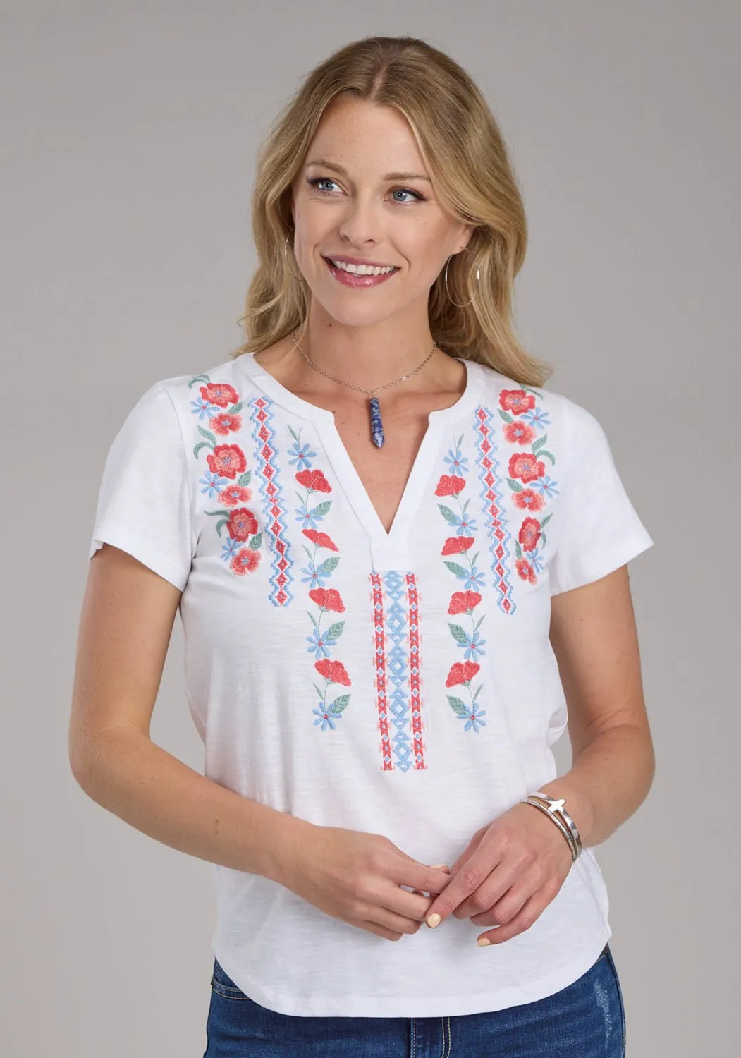 Roper Womens 2434 Red Flowers White 100% Cotton S/S T-Shirt Graduation Attire Bold Statement