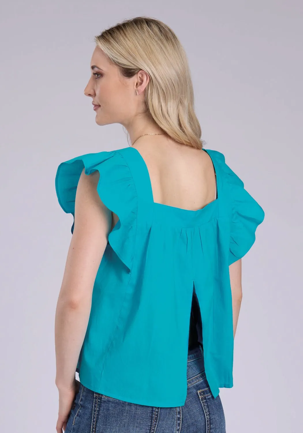 Roper Womens 2452 Flutter Sleeve Turquoise 100% Cotton S/L Blouse Workwear Approved Youthful Style