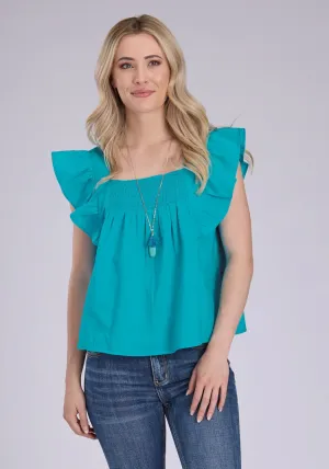 Roper Womens 2452 Flutter Sleeve Turquoise 100% Cotton S/L Blouse Versatile Options Soft Texture Roper Womens 2452 Flutter Sleeve Turquoise 100% Cotton S/L Blouse