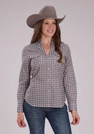 Roper Womens 2501 Medallion Foulard Grey 100% Cotton L/S Shirt Pre Shrunk Fabric Microfiber Material Lounge Comfort Roper Womens 2501 Medallion Foulard Grey 100% Cotton L/S Shirt