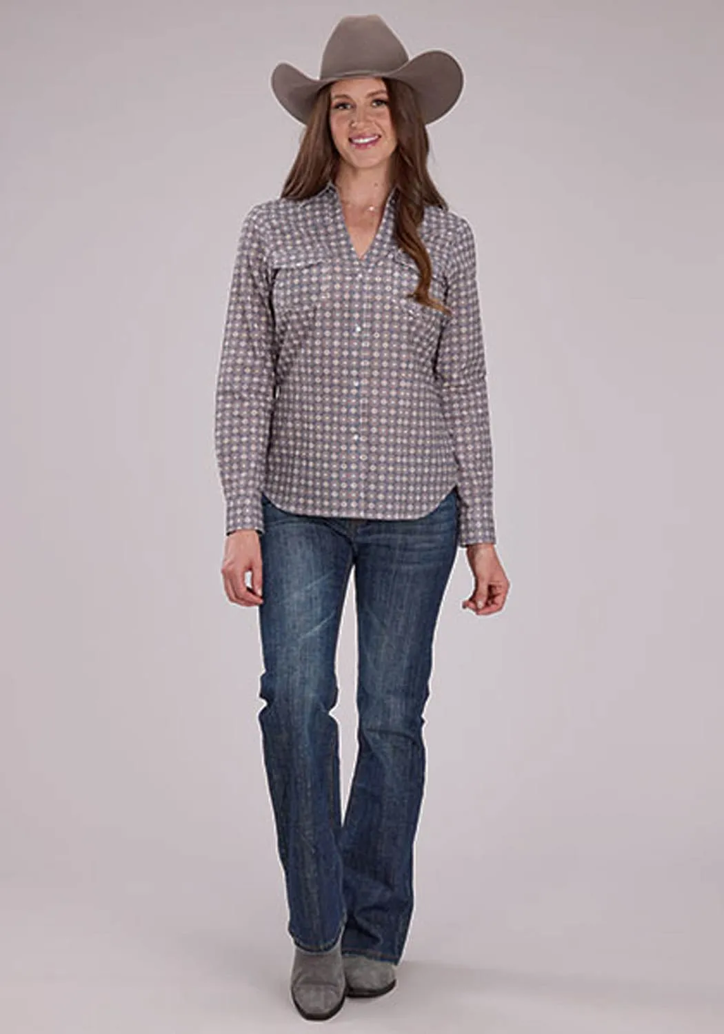 Roper Womens 2501 Medallion Foulard Grey 100% Cotton L/S Shirt shopping spree Eco Friendly Production