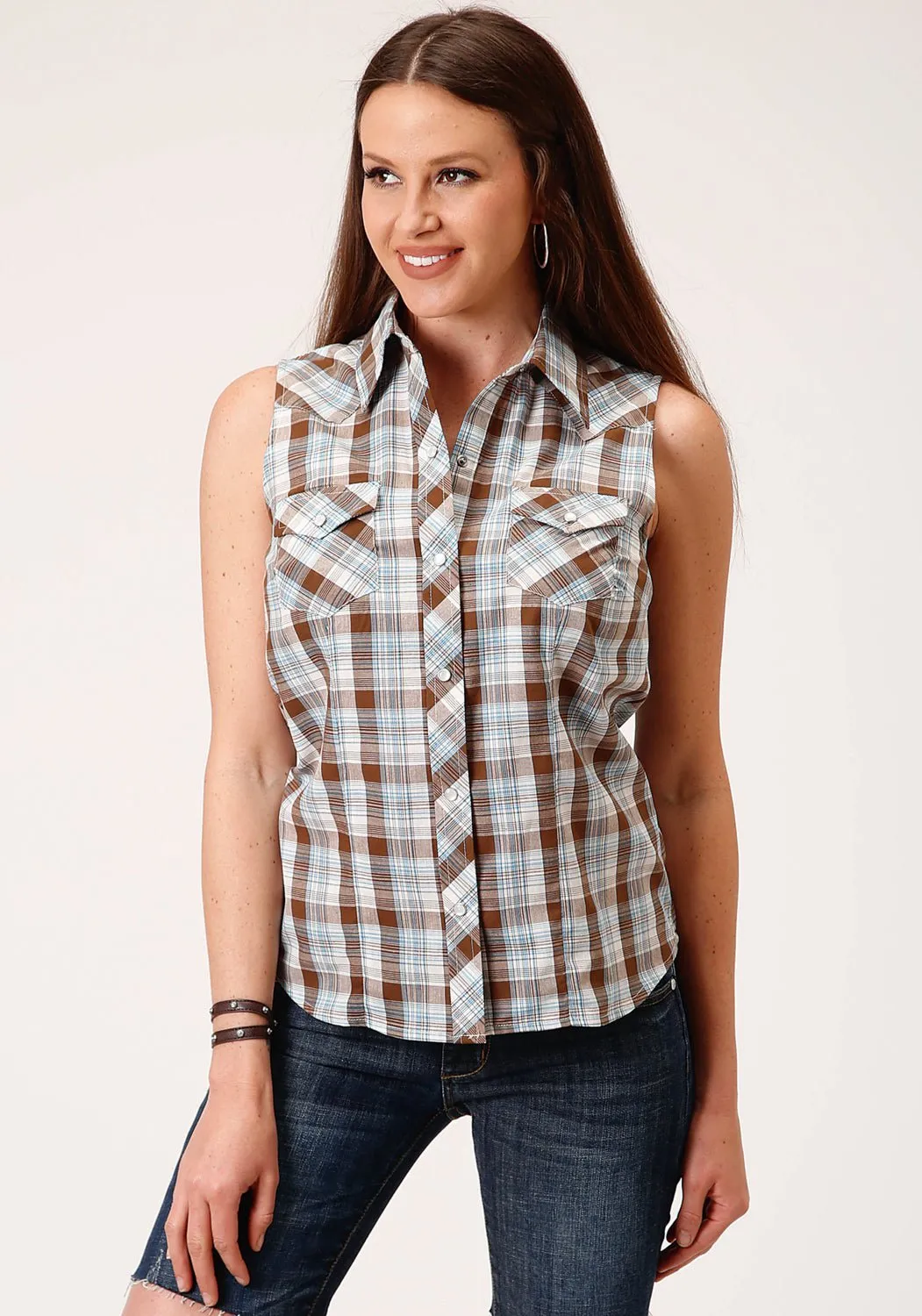 Winter Comfort Roper Womens 55/45 Plaid Brown/Blue Cotton Blend S/L Shirt