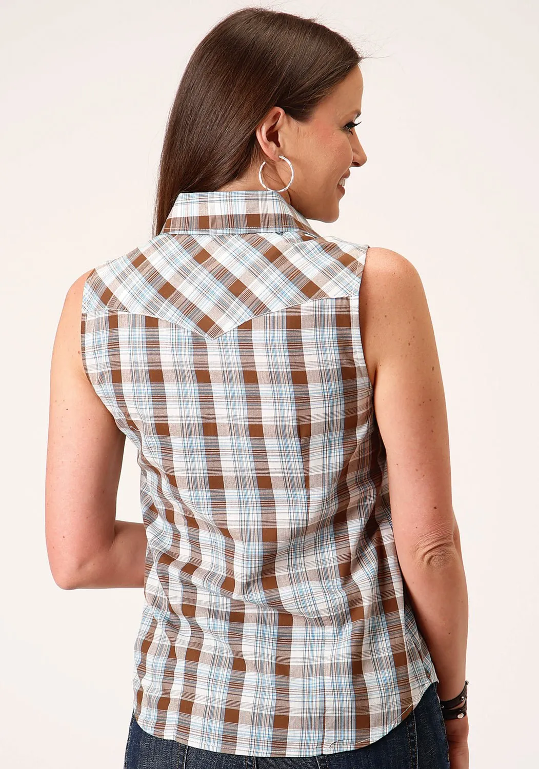 Picnic Outfit Roper Womens 55/45 Plaid Brown/Blue Cotton Blend S/L Shirt
