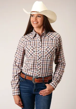 Roper Womens 55/45 Plaid Navy/Gold/Rust Cotton Blend L/S Shirt Comfortable Layer Trendy Fashion Premium Fabric Roper Womens 55/45 Plaid Navy/Gold/Rust Cotton Blend L/S Shirt