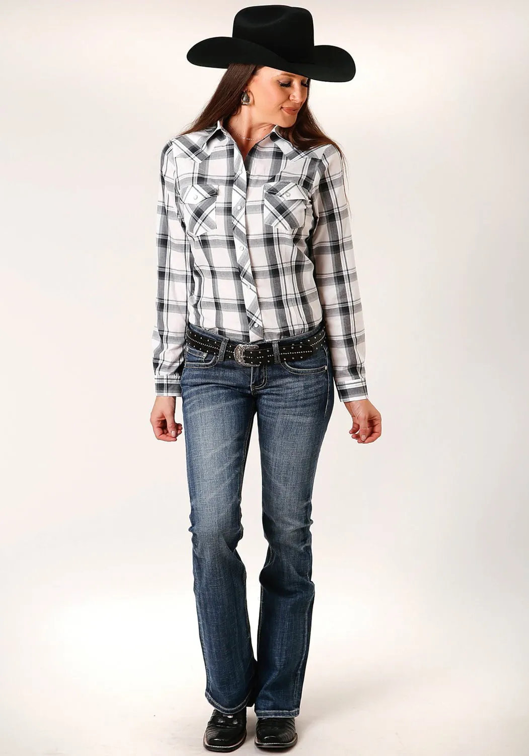 Roper Womens 55/45 Plaid White/Black/Grey Cotton Blend L/S Shirt Hooded Option Easy Fit
