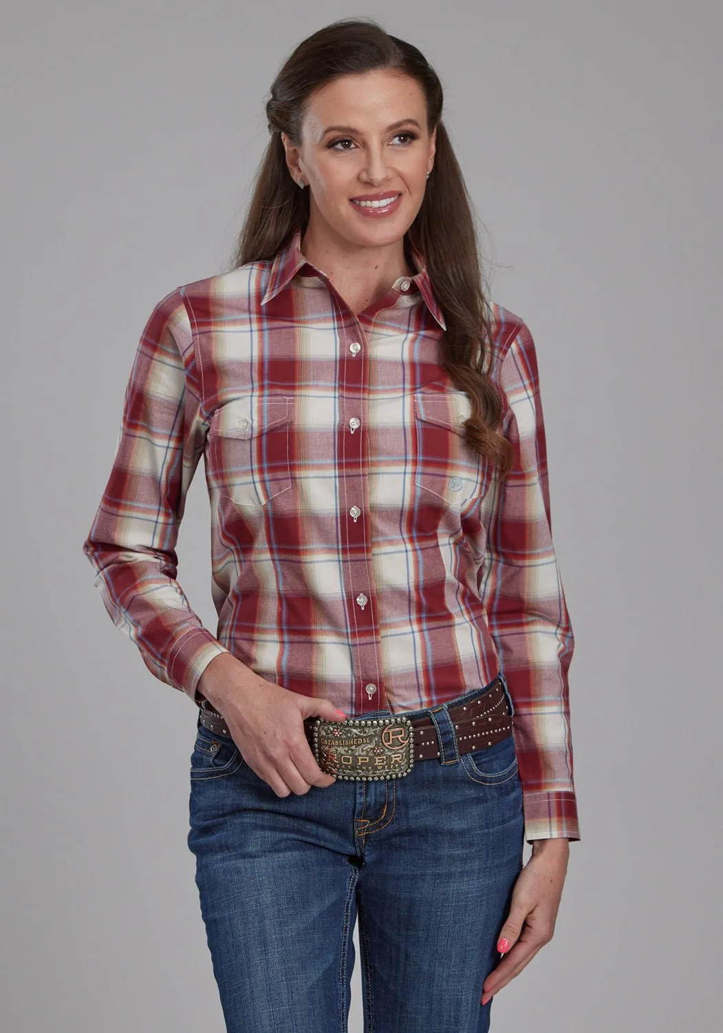 Sustainable Design Sustainable Manufacturing Process Roper Womens 57 Chevy Plaid Red 100% Cotton Btn L/S Shirt
