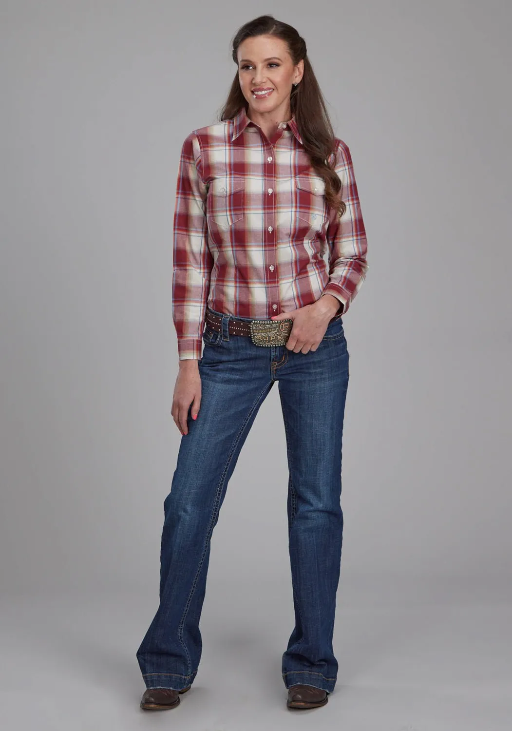 Roper Womens 57 Chevy Plaid Red 100% Cotton Btn L/S Shirt Street Comfort Bold Hue