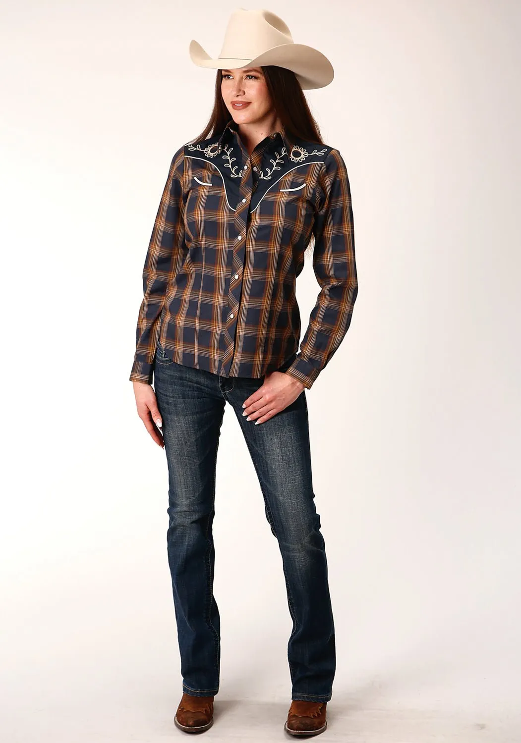 Petite Option Roper Womens 822 Plaid Navy/Brown Cotton Blend L/S Shirt