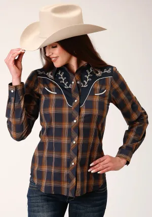 Roper Womens 822 Plaid Navy/Brown Cotton Blend L/S Shirt shrink-resistant Roper Womens 822 Plaid Navy/Brown Cotton Blend L/S Shirt Lightweight Layer Plus size option
