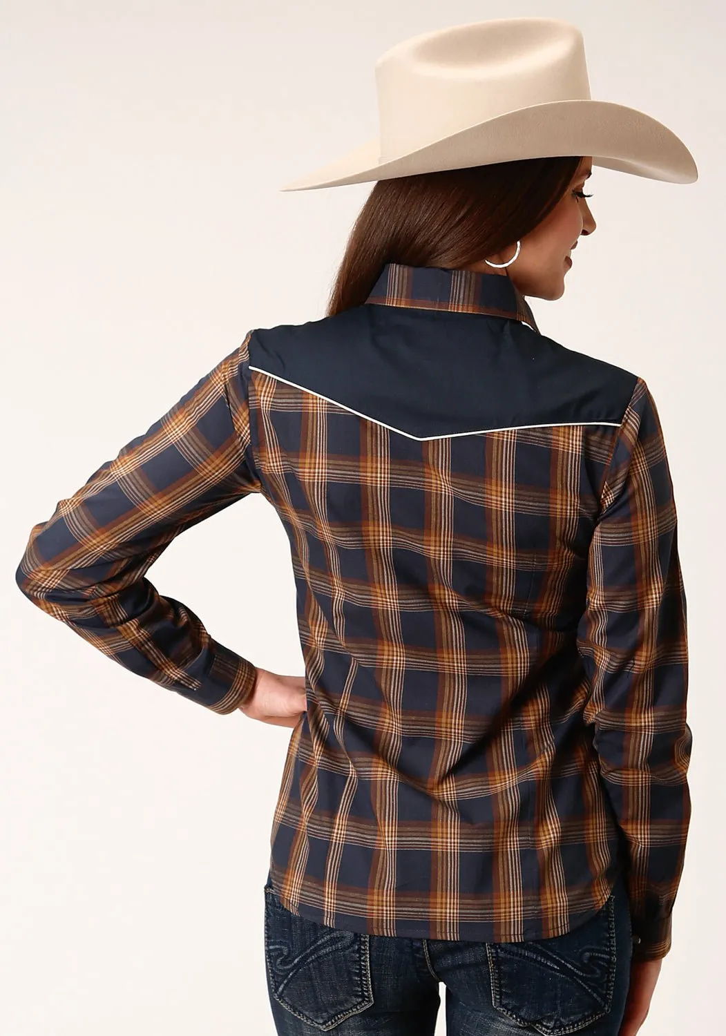 Roper Womens 822 Plaid Navy/Brown Cotton Blend L/S Shirt Multi Functional Pockets
