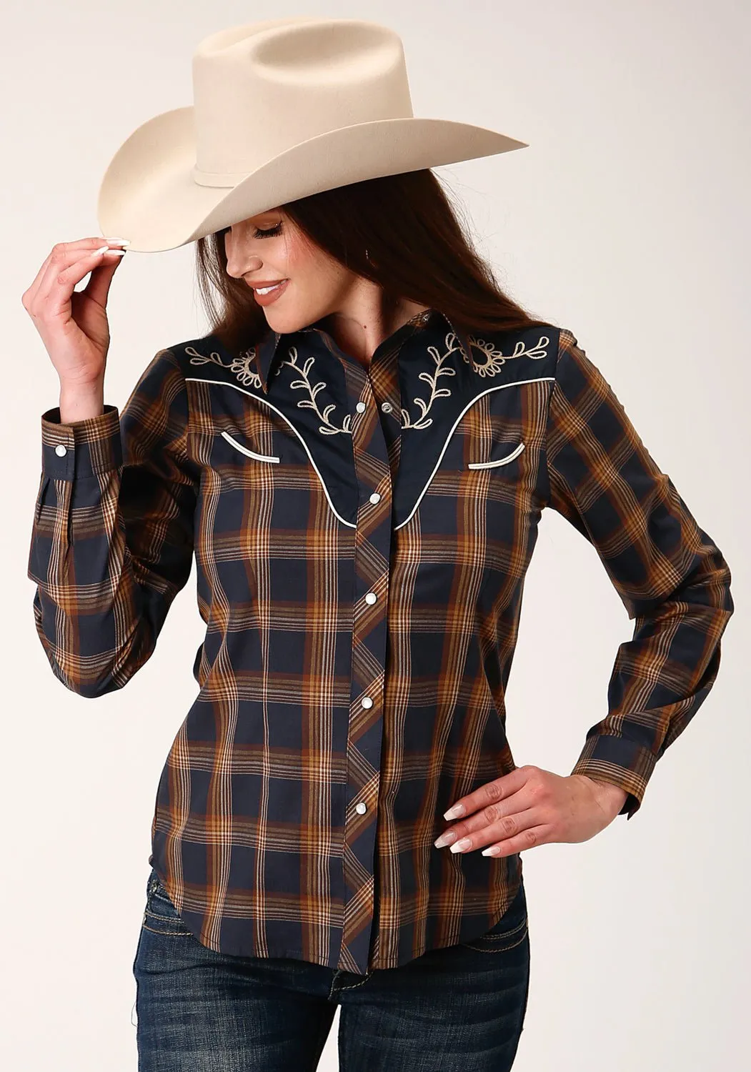 Roper Womens 822 Plaid Navy/Brown Cotton Blend L/S Shirt Lightweight Layer Plus size option