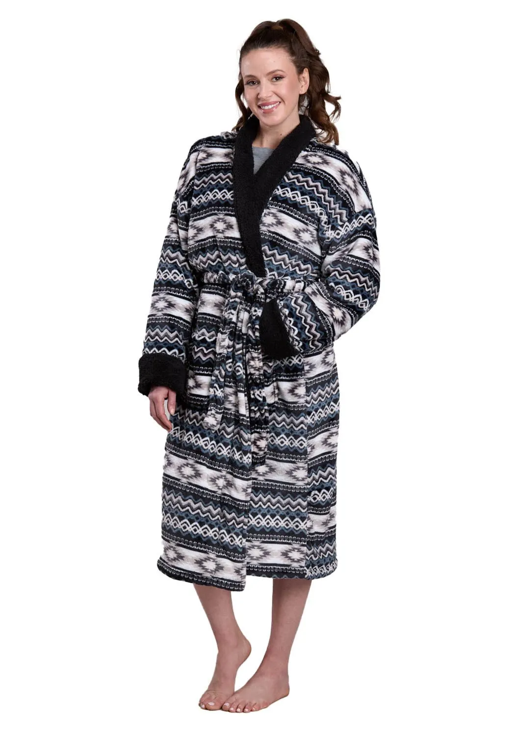Roper Womens Aztec Fleece Black/White 100% Polyester Bathrobe City Walk Bold Look