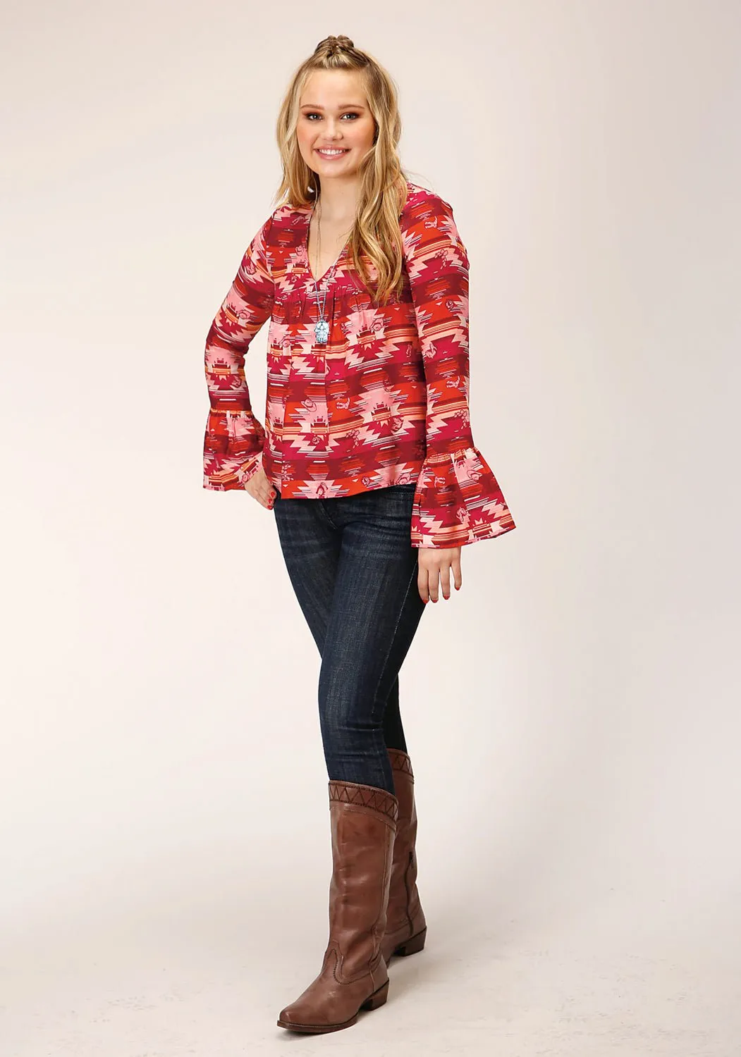 Roper Womens Aztec Print Red Rayon/Nylon L/S Tunic Casual Design Static Dissipating Fiber