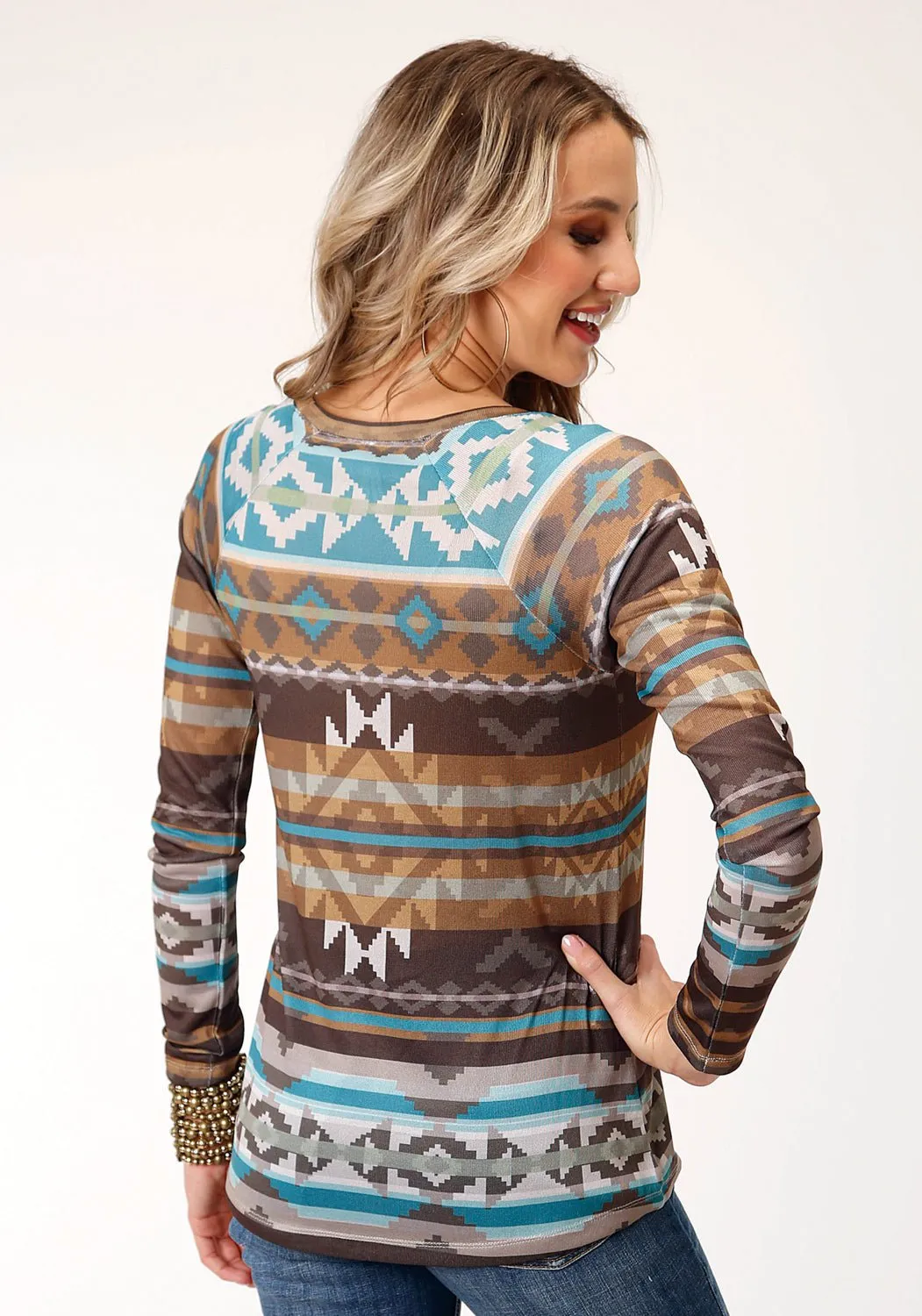 Comfort Fit Date Night Sustainable Roper Womens Aztec Raglan Sleeves Brown Polyester L/S T-Shirt