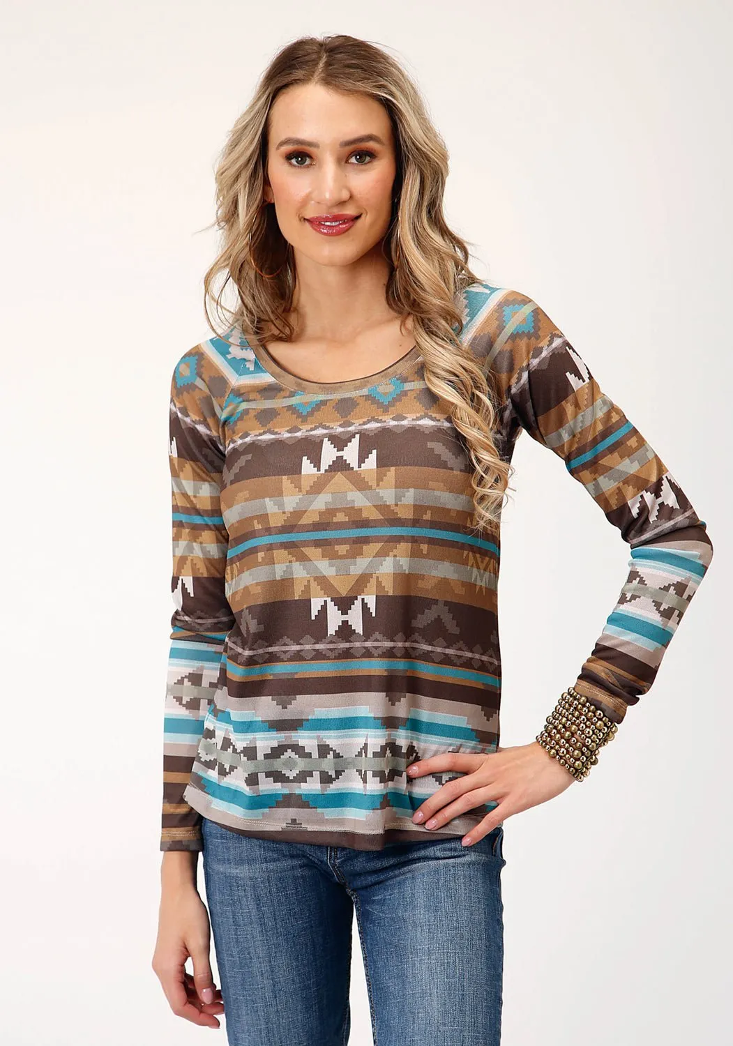 Weather Friendly Roper Womens Aztec Raglan Sleeves Brown Polyester L/S T-Shirt